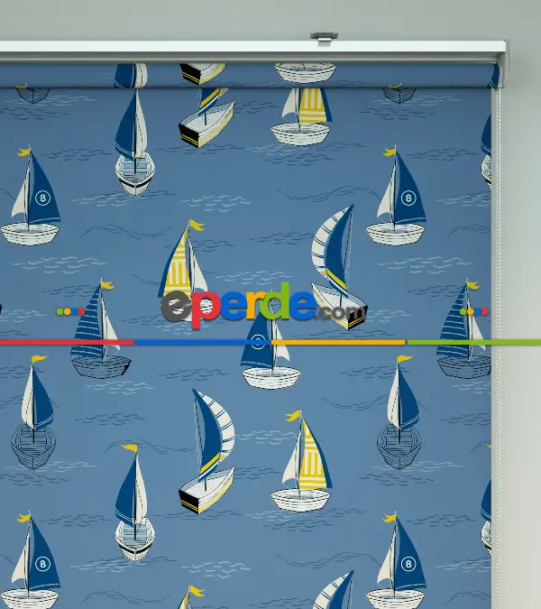 Denizci Desenli Baskılı Stor Perde- Mavi-çok Renkli