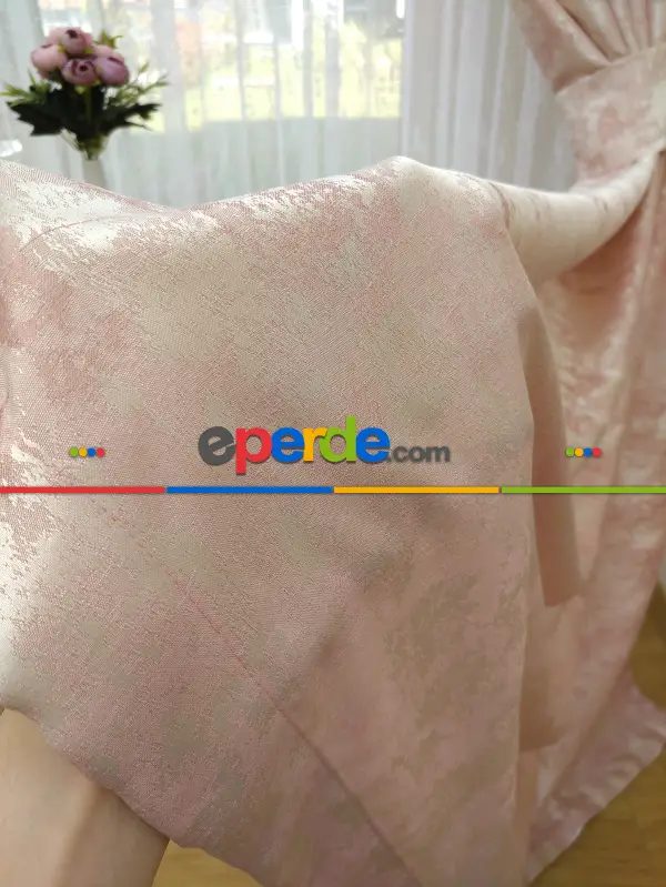 Patinedesenli Pudra - Katyonik Jakar Fon Perde- Pudra