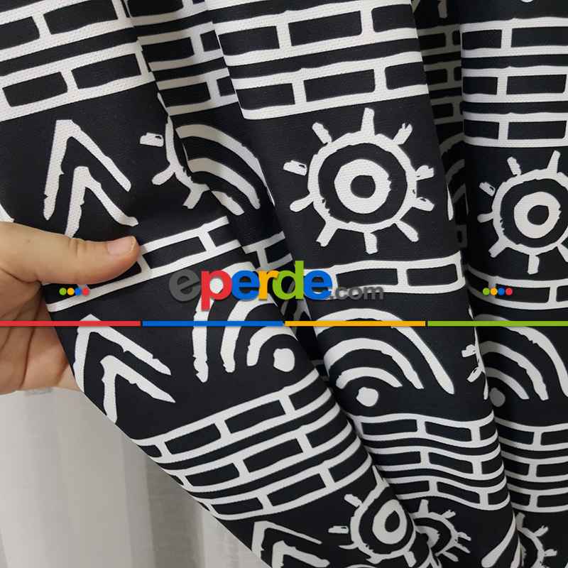 Etnik Desenli Fon Perde Evm1522 Kumaşı Kalındır Duck Bezi Değildir- Siyah