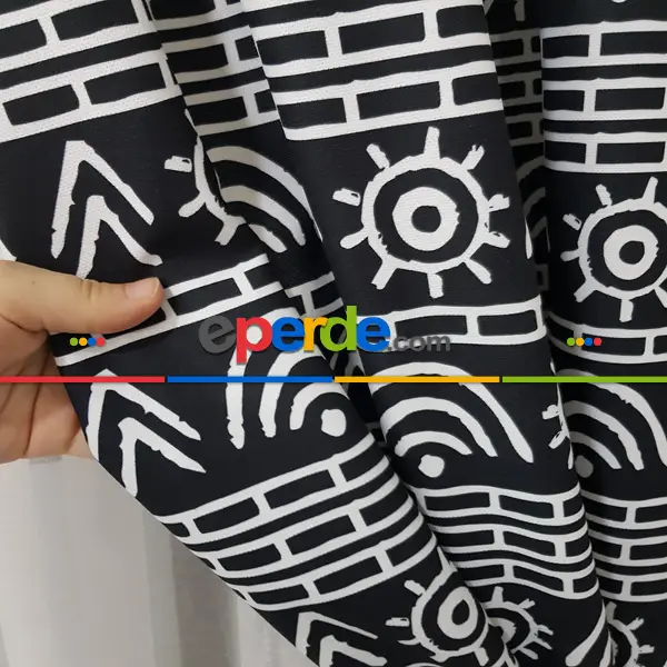 Etnik Desenli Fon Perde Evm1522 Kumaşı Kalındır Duck Bezi Değildir- Siyah