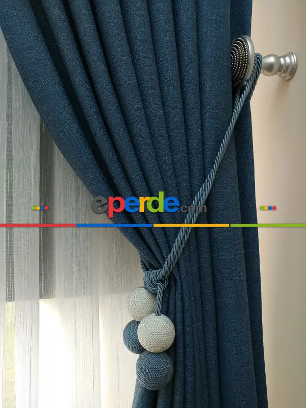 Salon Fon Perde - Keten Mavi Renk Düz Fon Perde - Mavi