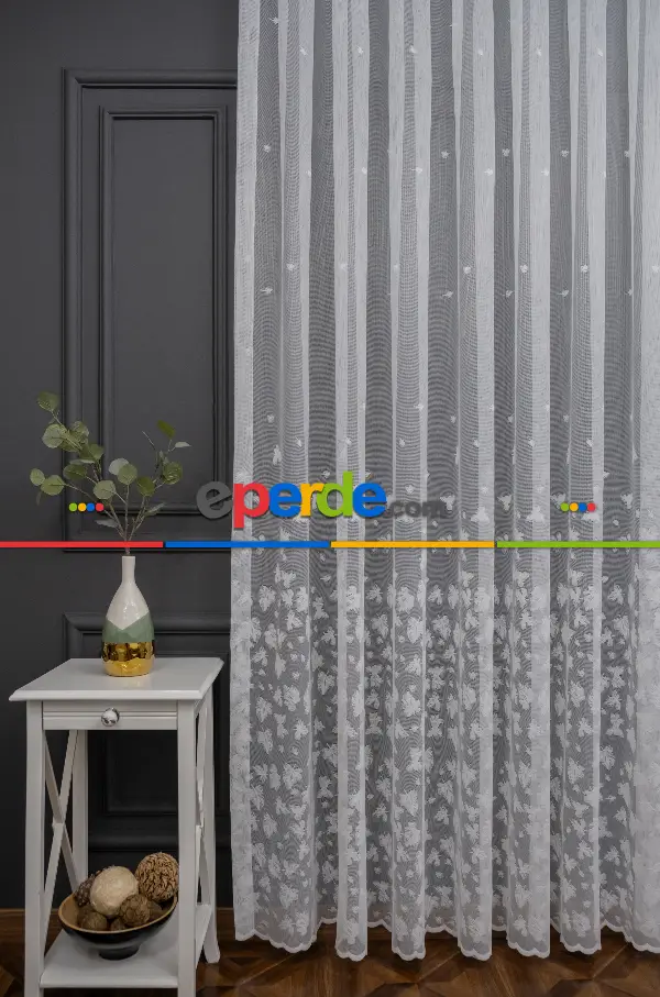 Mutfak Etek Ucu Yaprak Desen Ütü İstemez Kırışmaz Tül