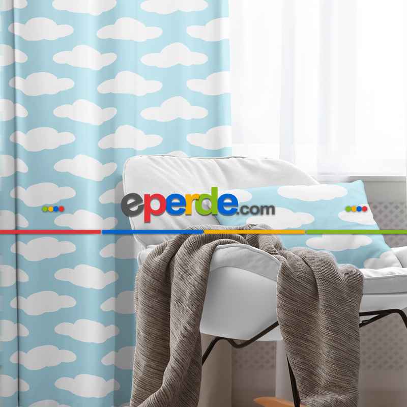 Bebek Bulut Desenli Fon Perde Evim 484-2 Kumaşı Kalındır Duck Bezi Değildir- Mavi-beyaz