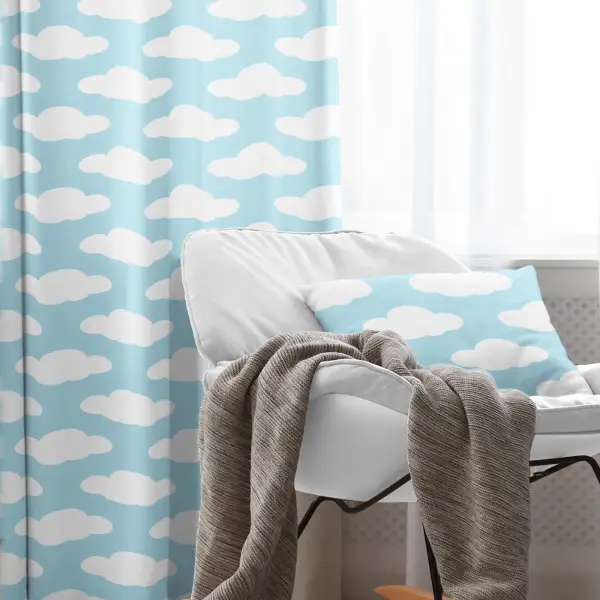 Çocuk Odası - Bebek Bulut Desenli Fon Perde Evim 484-2 Kumaşı Kalındır Duck Bezi Değildir- Mavi-beyaz
