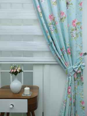 Mutfak Perdesi Kanat Fon Perde Çiçek Desenli Fiyonklu- Yeşil