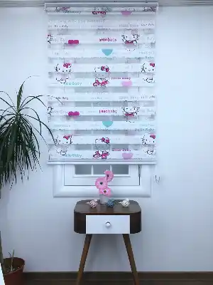 Kız, Çocuk ve Bebek Odası Zebra Perde - Hello Baby - Kids - Hello Kiti - Pembe Turkuaz