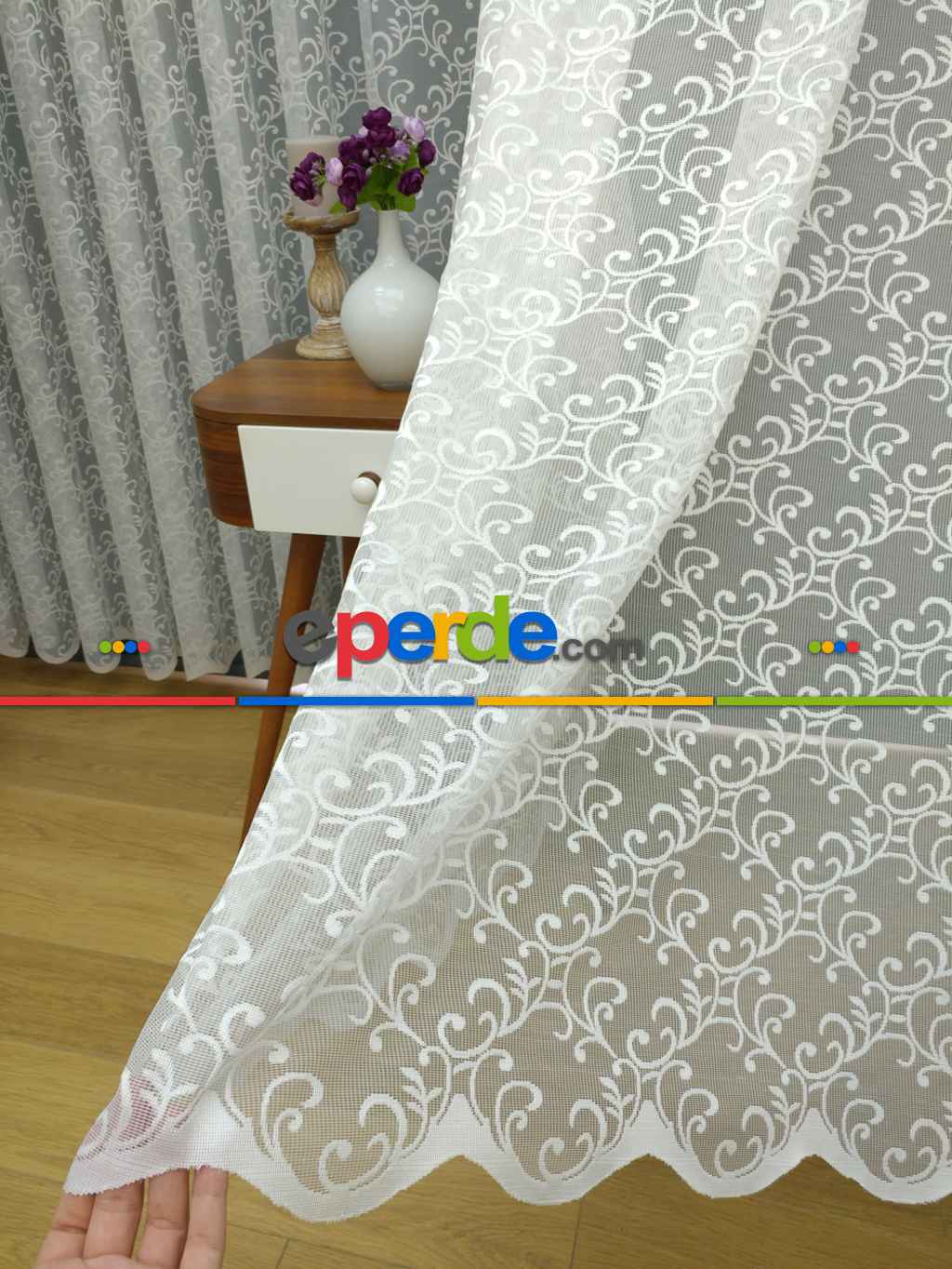 Zarif Sarmaşık Desenli Dantel Örme Tül Perde- Ekru