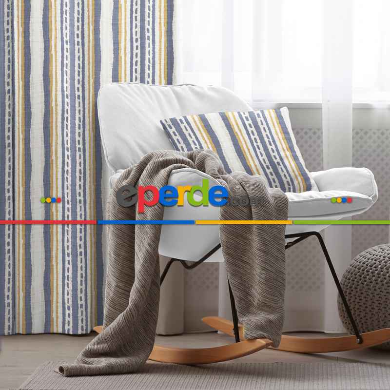 Etnik Fon Perde Evim1538 Kumaşı Kalındır Duck Bezi Değildir- Mavi-beyaz