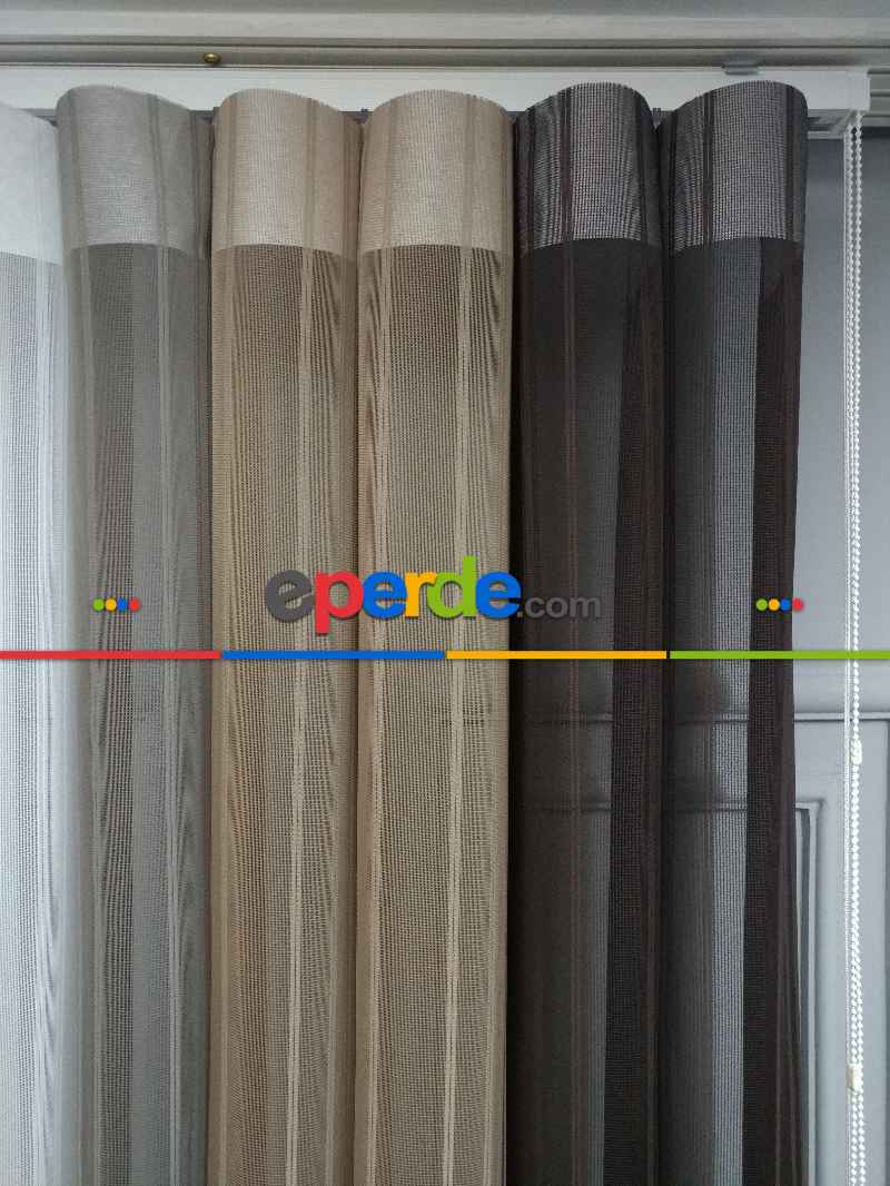 Mutfak - Lens Akıllı Dikey Tül Perde 118- Beyaz-kahve Koyu-vizon Rengi- Çok Renkli 2-taş Rengi