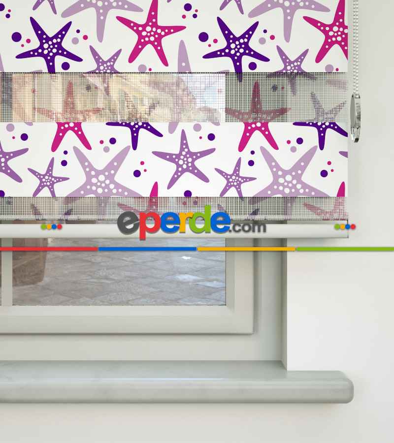 Çocuk Odası Zebra Perde - Deniz Yıldızı Baskılı Zebra Perde- Beyaz-Pembe-Mor