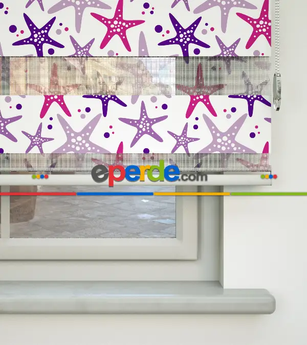 Bebek Odası Zebra Perde - Deniz Yıldızı Baskılı Zebra Perde- Beyaz-Pembe-Mor