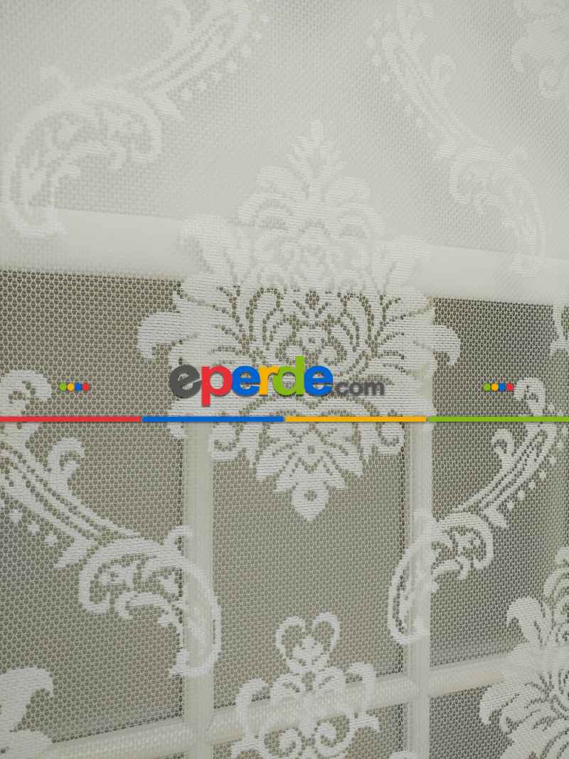 Jakar Örme Tül- Ekru Çiftli Sistem Dantel Desenli Perde- Ekru