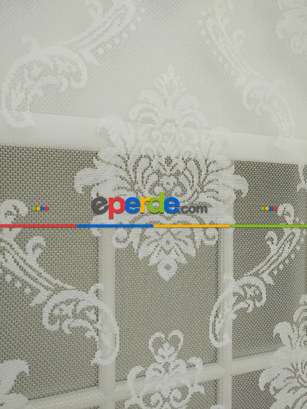 Jakar Örme Tül- Ekru Çiftli Sistem Dantel Desenli Perde- Ekru