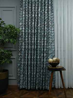 Turkuaz Desenli Jakar Fon Perde (180)- Petrol Mavisi