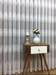 Desenli Tül Perde - Bantlı Tül Perde - Ft Serisi Ara Bantlı Versace Desenlii Tül Perde - Ekru Açık Krem