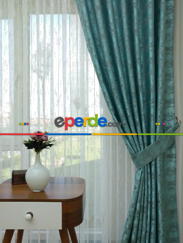 Patine Desenli Turkuaz - Katyonik Jakar Fon Perde- Turkuaz