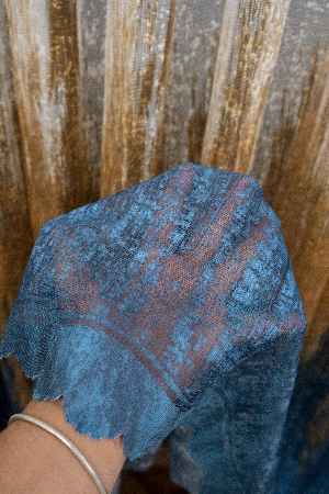 Modern Hardal Ve Mavi Desenli Degrade Geçişli Örme Tül Perde Yüksek Kalite