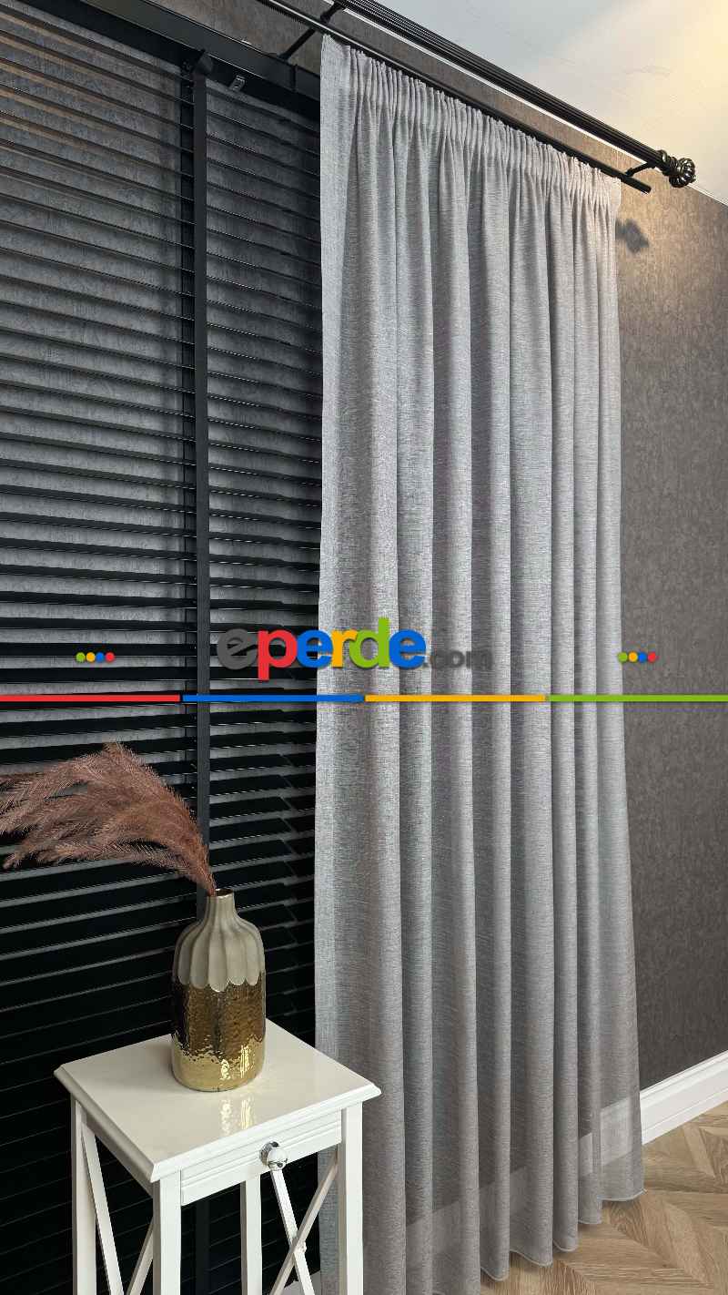 Yatak Odası - Gri, Keten, Büzgülü Ekstraforlu, Düz Tül Perde