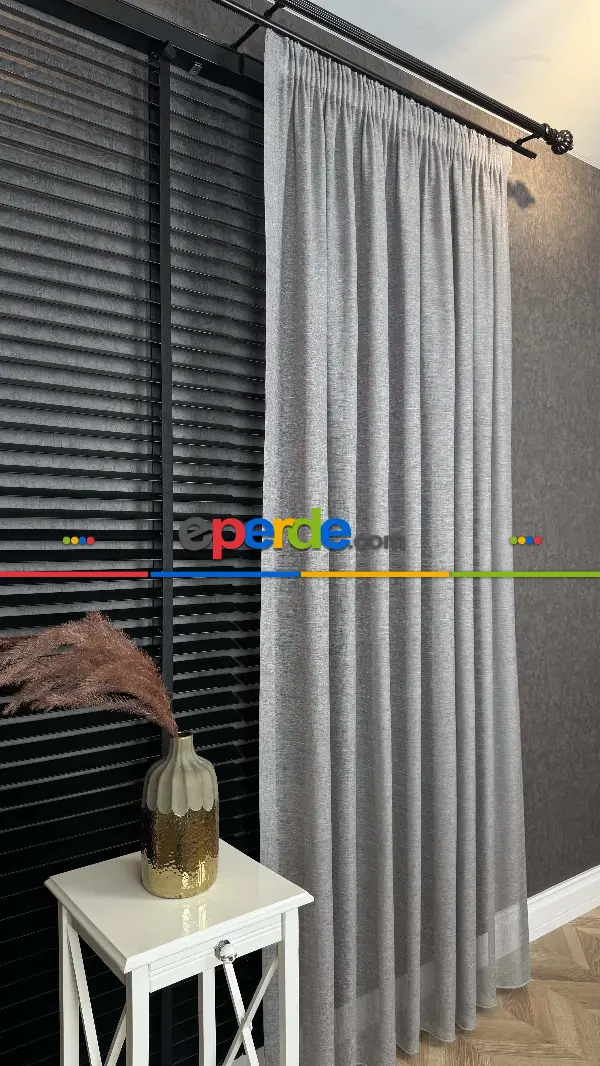 Oturma Odası - Gri, Keten, Büzgülü Ekstraforlu, Düz Tül Perde