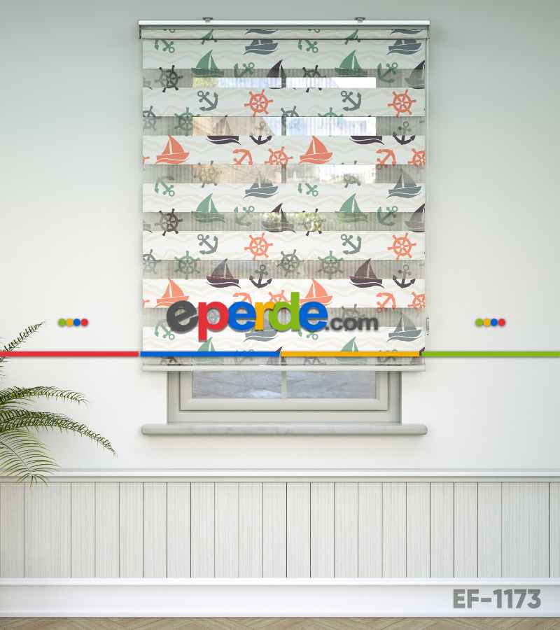 Bebek Odası Zebra Perde - Tekne Ve Çapa Baskılı Zebra Perde- Gri-Füme-Antrasit-Beyaz-Turuncu-Mor Patlıcan Moru-Su Yeşili