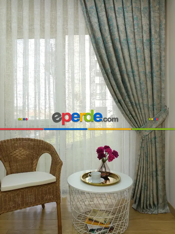 Salon Perdesi - Bej Turkuaz Desenli Jakar Fon Perde (180)- Turkuaz Yeşili Ara Renk