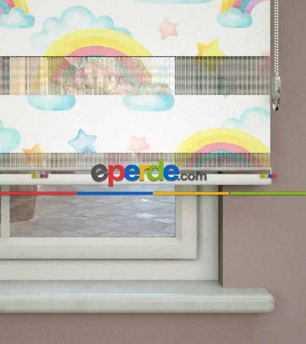 Yıldız Desenli Baskılı Zebra Perde- Çok Renkli