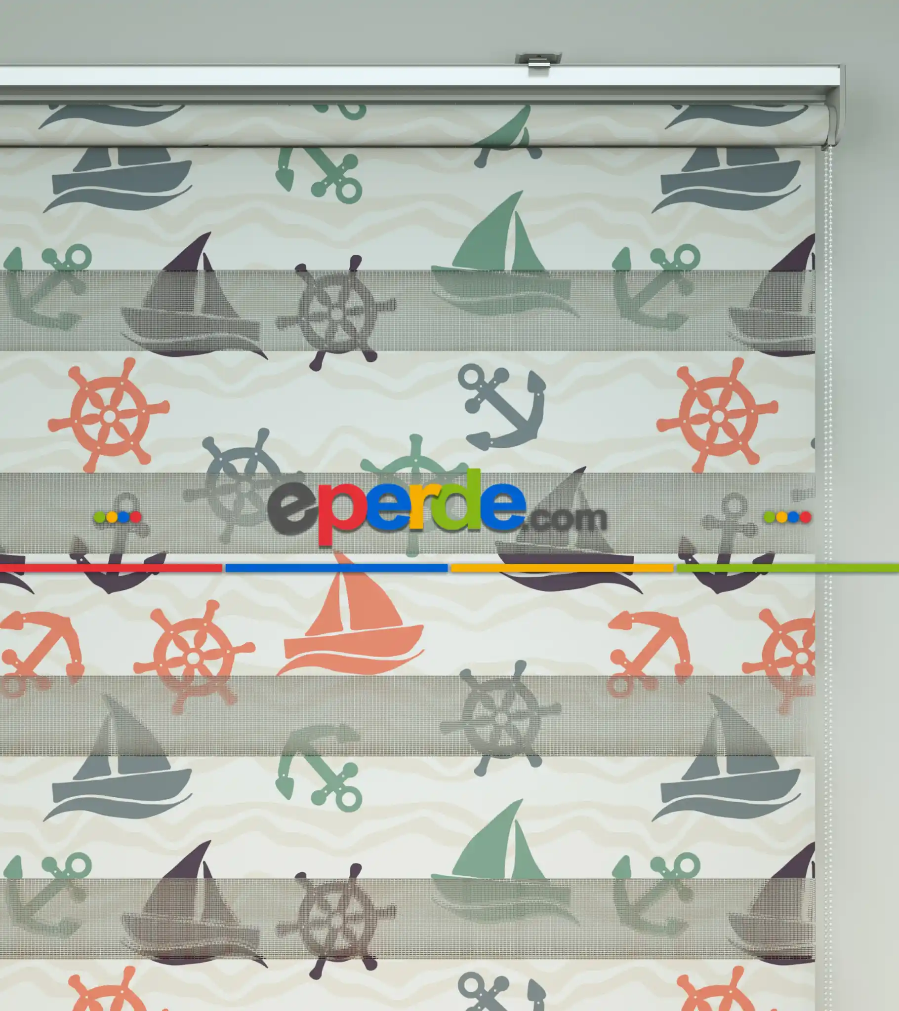 Bebek Odası Zebra Perde - Tekne Ve Çapa Baskılı Zebra Perde- Gri-Füme-Antrasit-Beyaz-Turuncu-Mor Patlıcan Moru-Su Yeşili