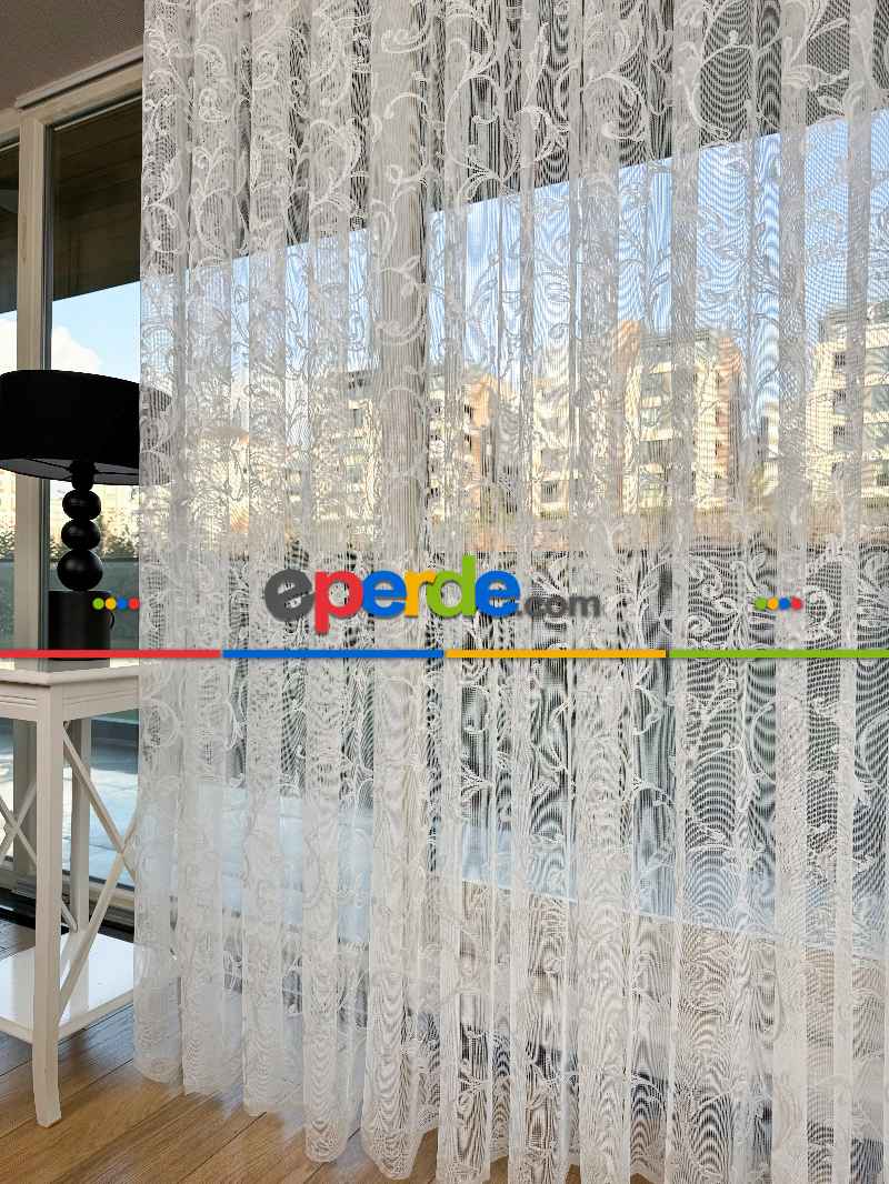 Sarmaşık Desenli Fransız Dantel Örme Tül Perde, Desenli Ütü İstemeyen Tül