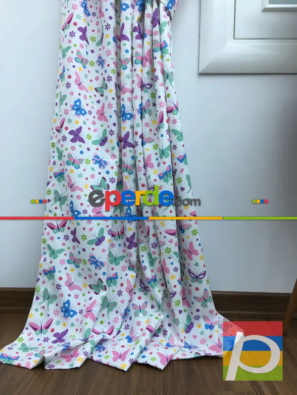 Kelebek Desenli Fon Perde (kalın Pamuklu Kumaş)- Mavi-sarı-pembe-mor Patlıcan Moru-su Yeşili-fıstık Yeşili