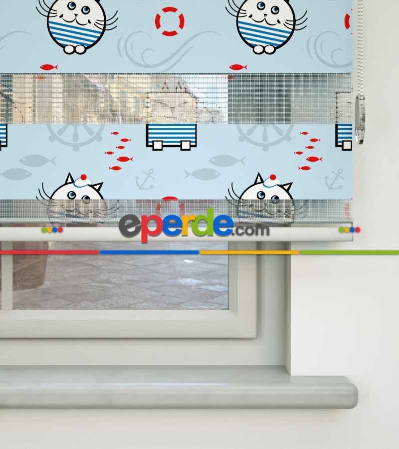 Bebek Odası Zebra Perde - Denizci Kedi Desenli Baskılı Zebra Perde- Çok Renkli
