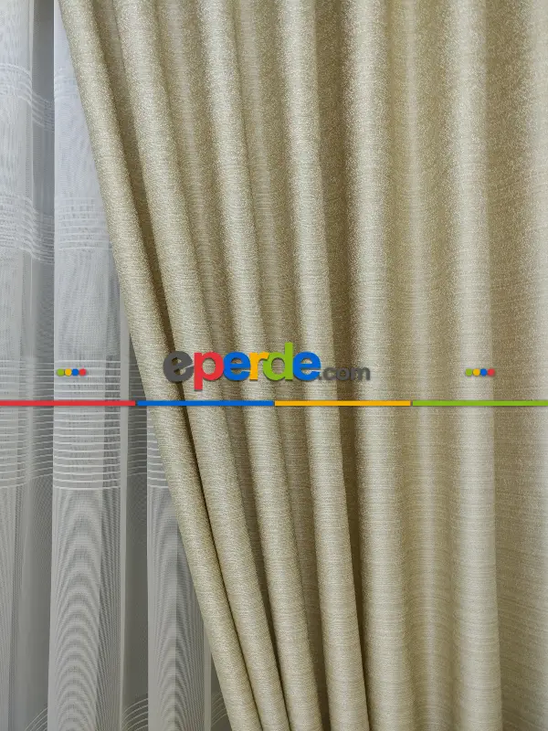 Krem Desenli Jakar Fon Perde- Krem