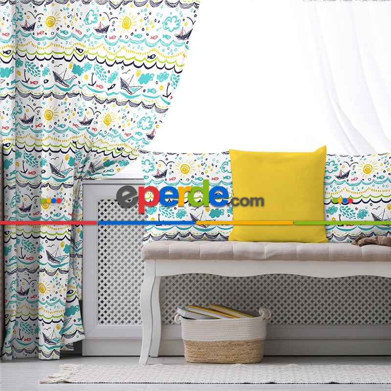 Çocuk Desenli Fon Perde Evim855 Kumaşı Kalındır Duck Bezi Değildir- Mavi-beyaz
