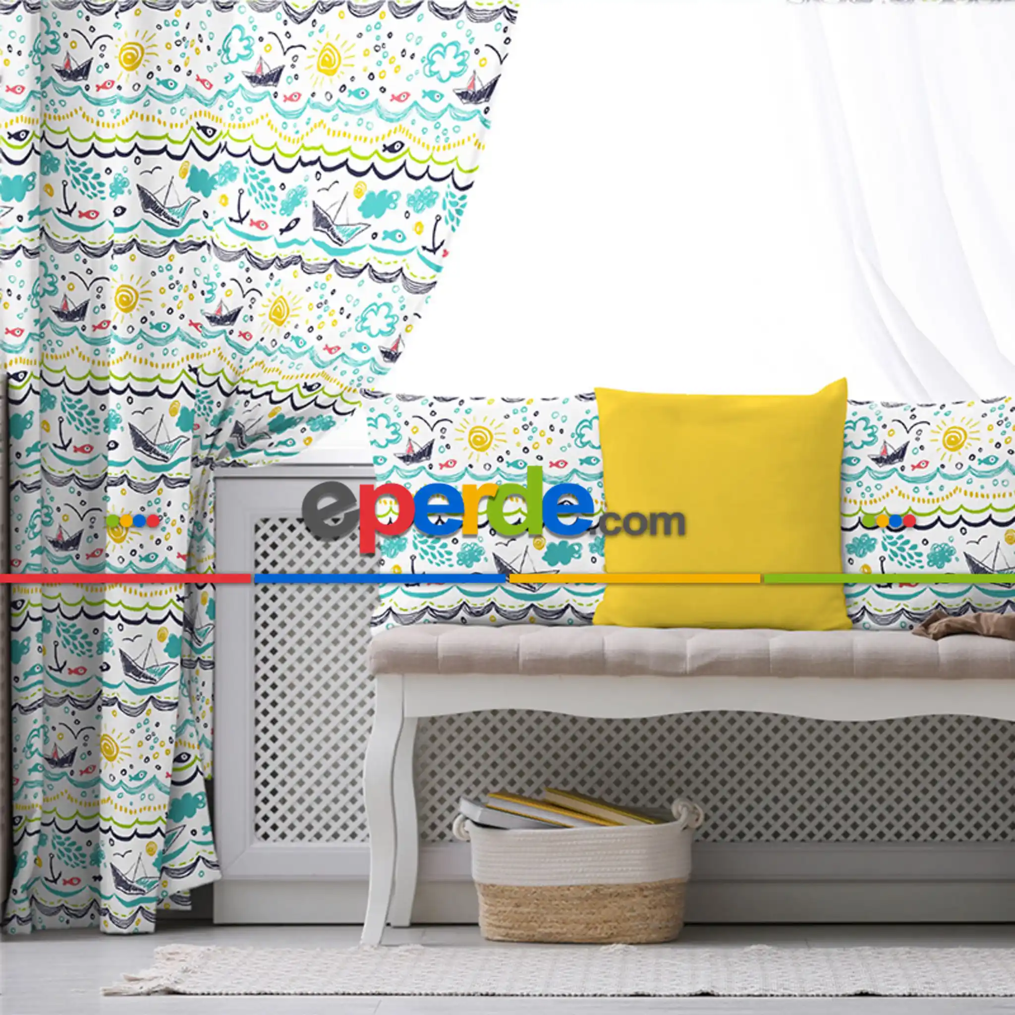 Çocuk Odası - Çocuk Desenli Fon Perde Evim855 Kumaşı Kalındır Duck Bezi Değildir- Mavi-beyaz