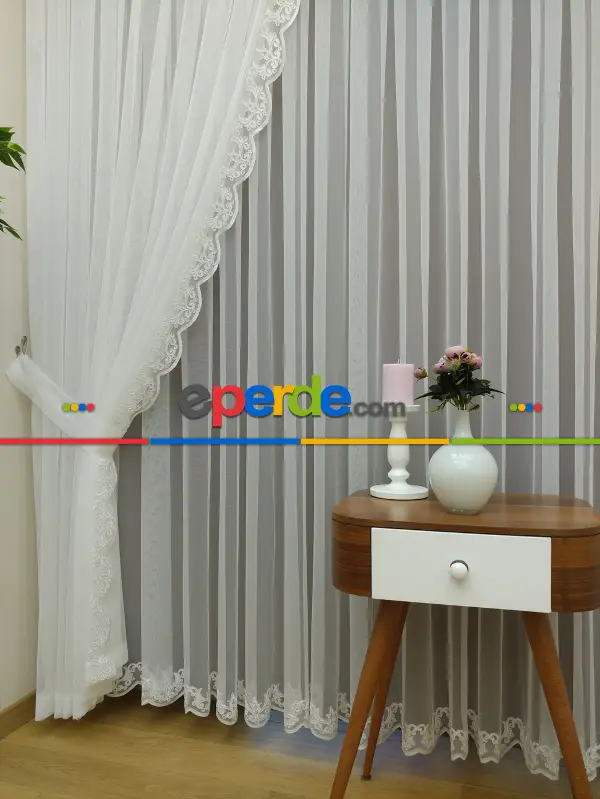 Fansız Dantel Fon Perde Etek Ucu Nakış (güpür ) İşlemeli - 8 (kombin İçin Açıklamayı Okuyunuz)- Ekru