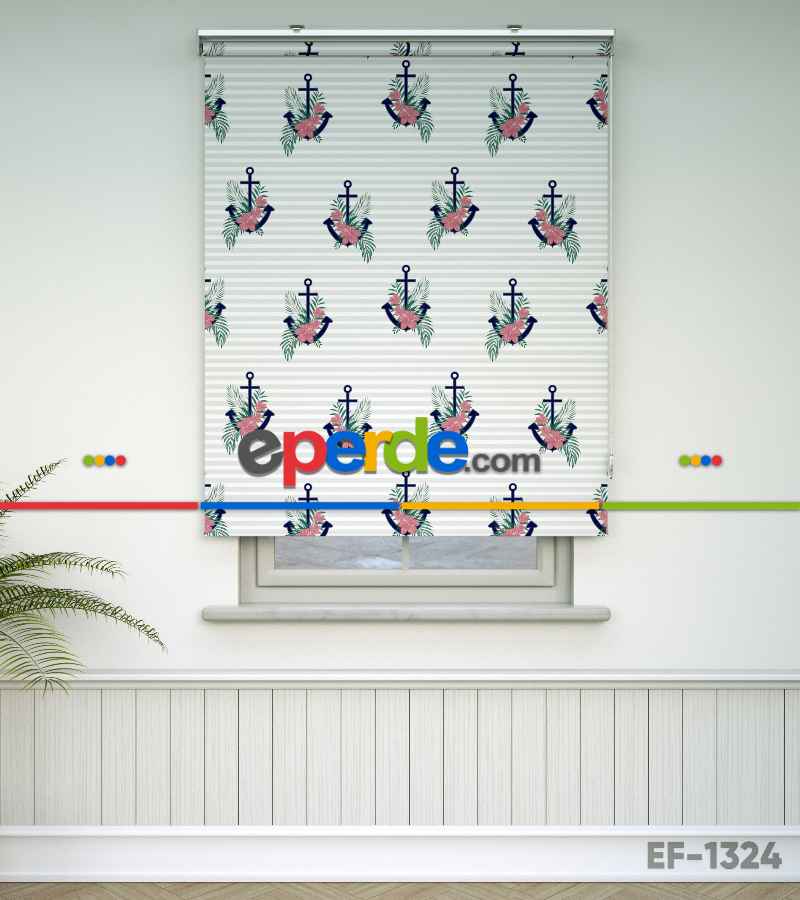 Çapa Desenli Baskılı Stor Perde- Çok Renkli