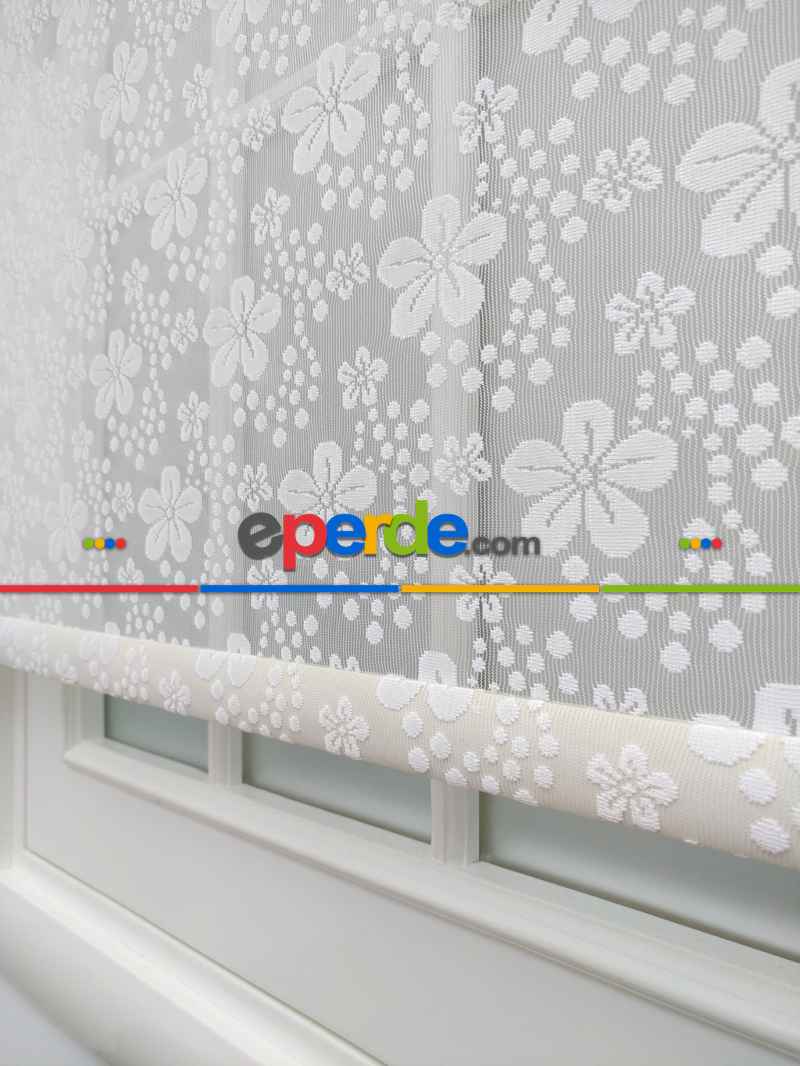 Yatak Odası - Jakar Örme Tül-feray 801 Ekru Çiftli Sistem Dantel Desenli Perde- Ekru
