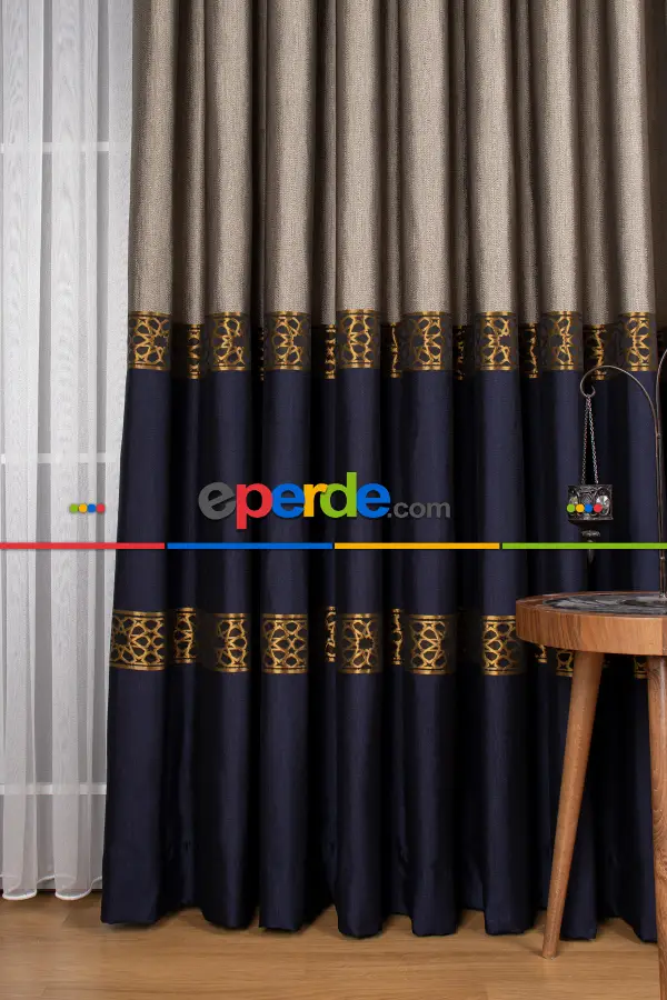 Modern Pano Fon Perde - Lacivert - Altın -vizyon 50cm X 1cm 