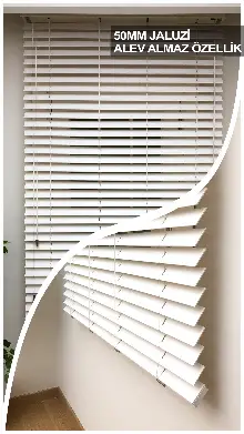 50mm Krem Ahşap Efektli Jaluzi Perde Alev Almaz Özellik- Krem