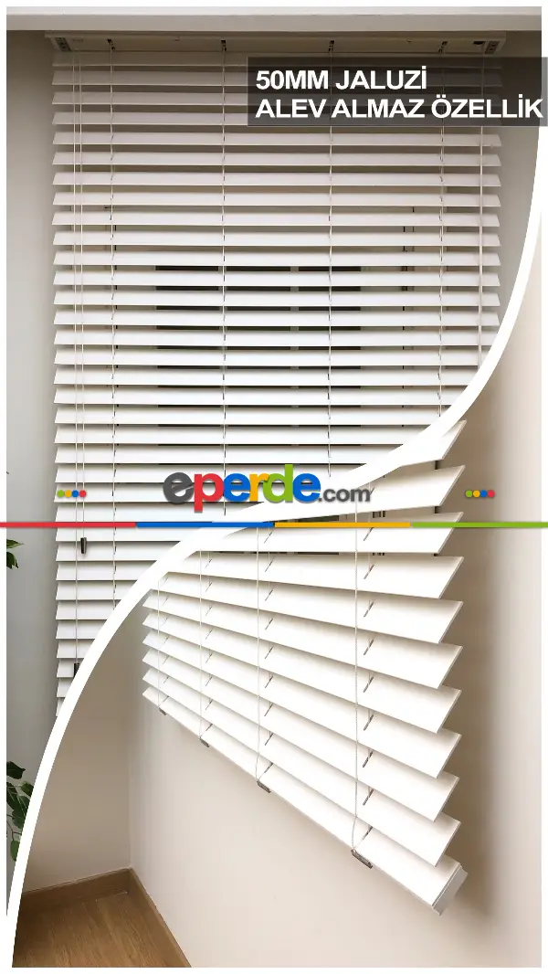50mm Krem Ahşap Efektli Jaluzi Perde Alev Almaz Özellik- Krem