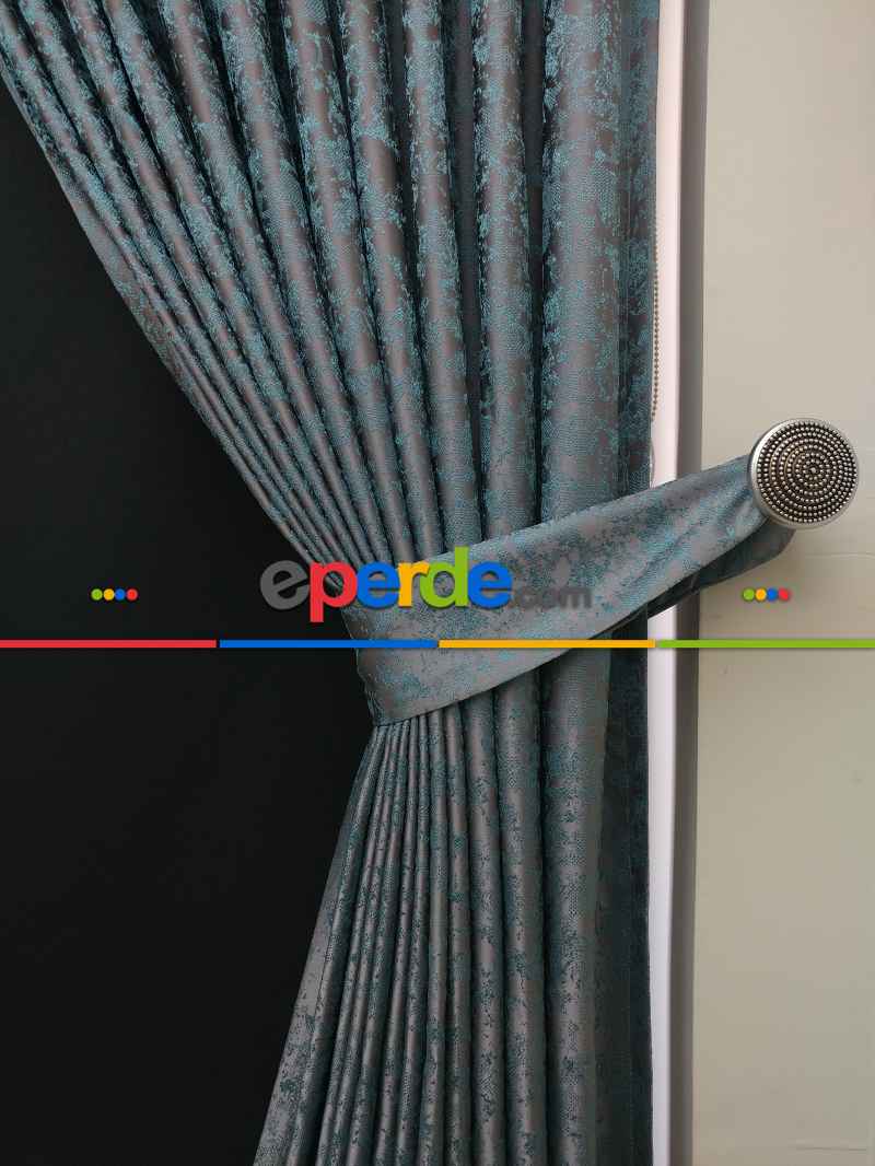 Gri Mint Desenli Jakar Fon Perde - Gri-füme-antrasit-mint