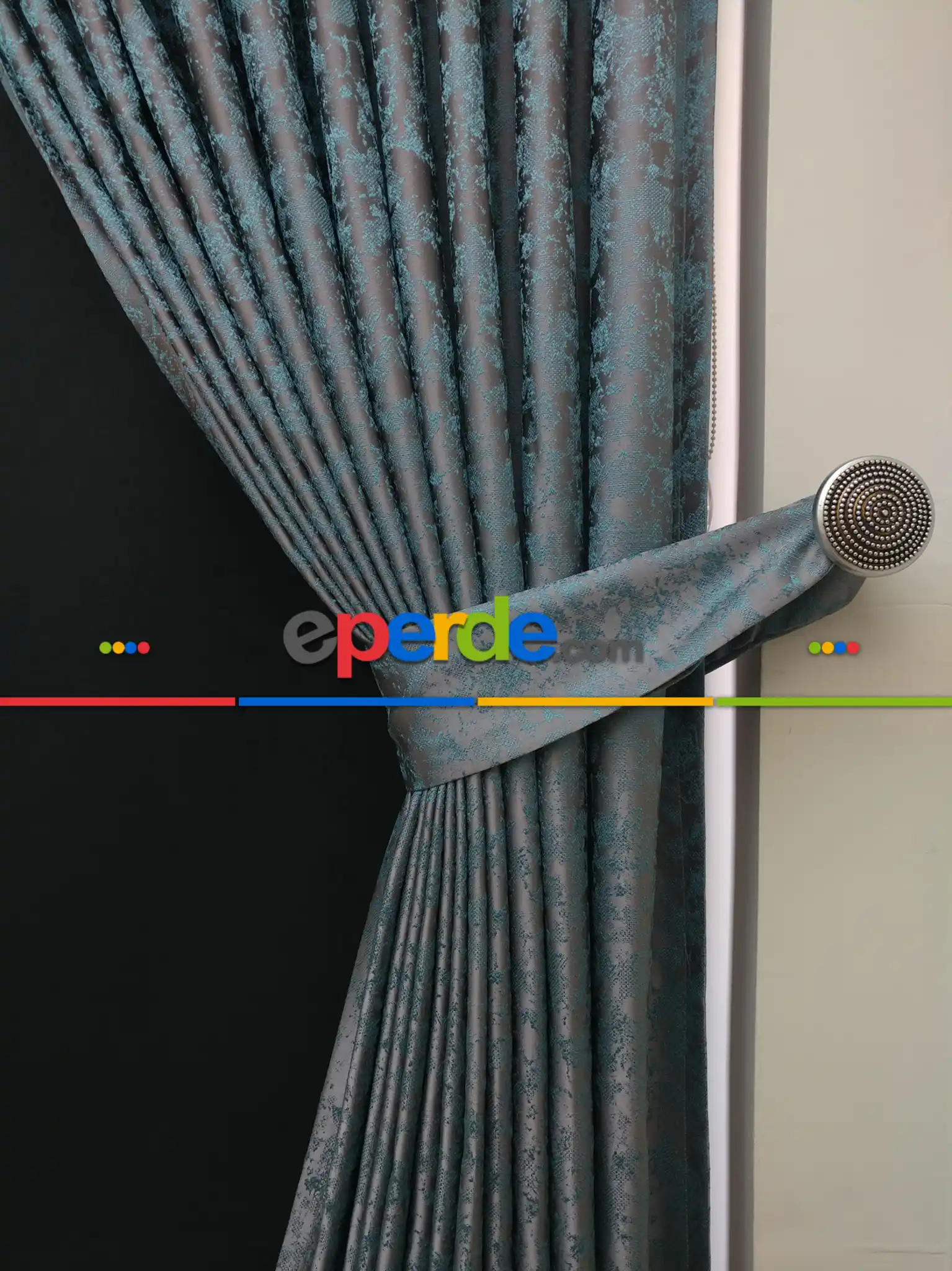 Gri Mint Desenli Jakar Fon Perde - Gri-füme-antrasit-mint