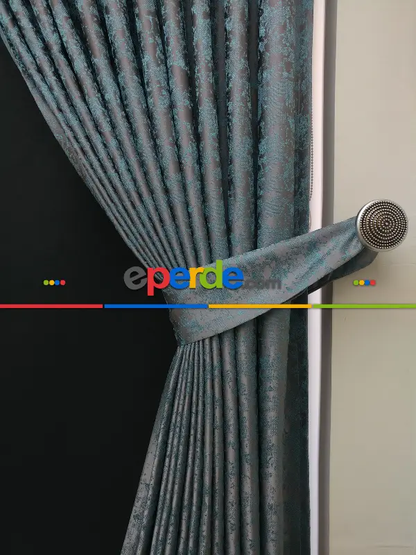 Gri Mint Desenli Jakar Fon Perde - Gri-füme-antrasit-mint