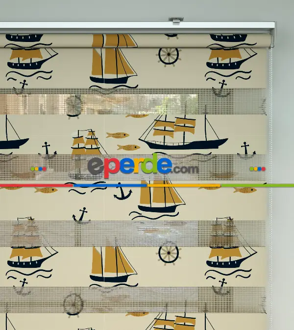 Çocuk Odası Zebra - Denizci Desenli Baskılı Zebra Perde- Siyah-Taba-Çok Renkli-Açık Camel