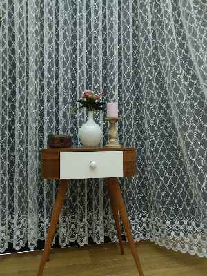 Brode İşlemeli Nakışlı Tül Perde Balık Ağı Desen- Ekru