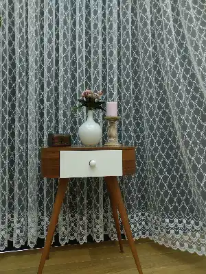 Brode İşlemeli Nakışlı Tül Perde Balık Ağı Desen- Ekru