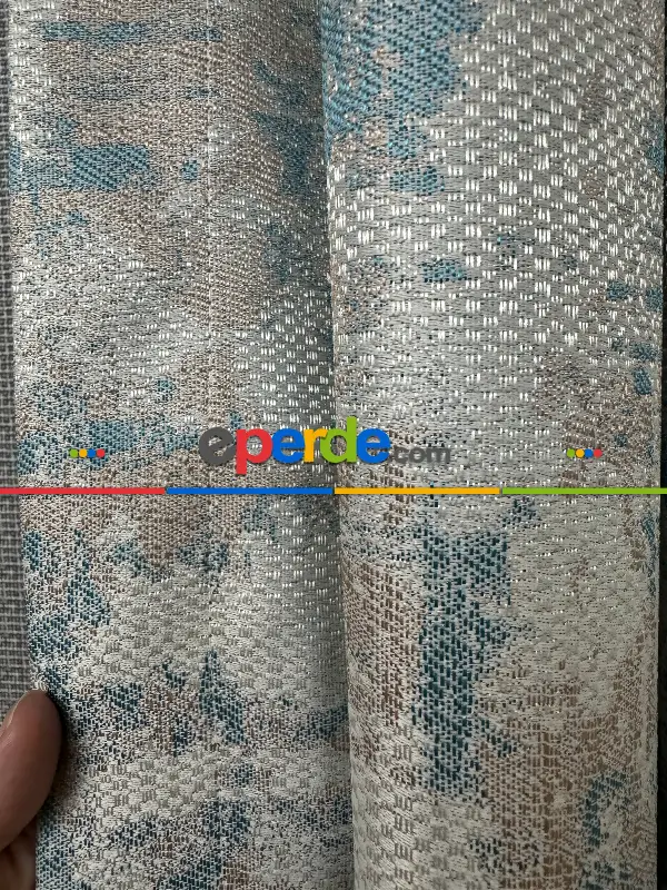 Yatak Odası - PatineDesenli Bej Turkuaz Desenli Jakar Fon Perde (180)- Turkuaz Yeşili Ara Renk