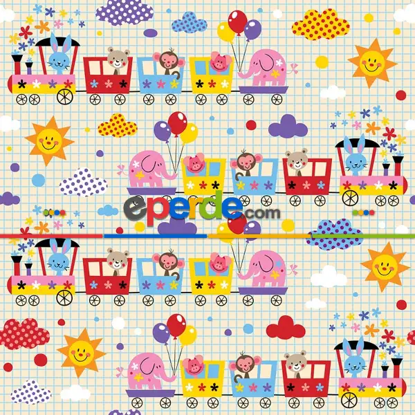 Bebek Odası Fon - Renkli Tren Desenli Fon Perde Evm695 Kumaşı Kalındır Duck Bezi Değildir- Kırmızı