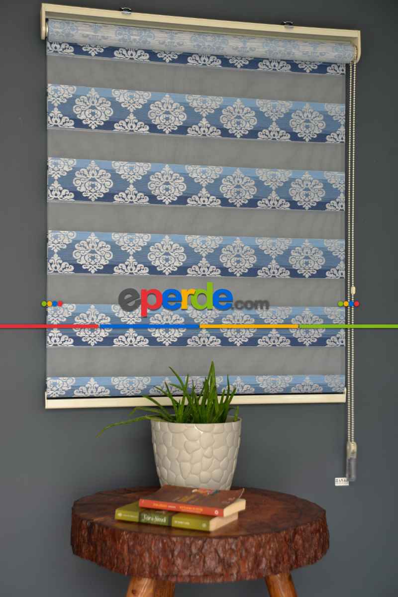 Halim Perdesan Ft-984 Mavi Renk Etekli Veya Eteksiz Zebra Stor Perde