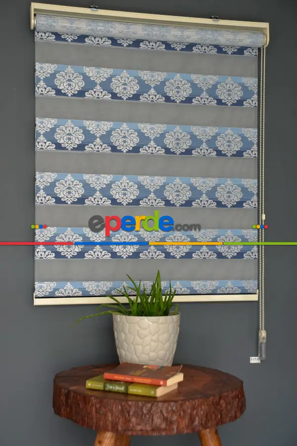 Halim Perdesan Ft-984 Mavi Renk Etekli Veya Eteksiz Zebra Stor Perde