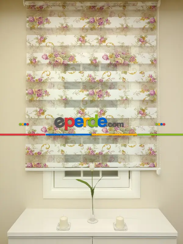 Çiçek Desenli Zebra Perde